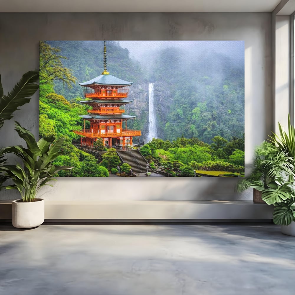 Tablou canvas cu tablou canvas cu pagoda si cascada, fara rama, pe sasiu de lemn